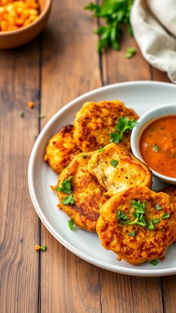 Crispy Lentil Potato Fritters Recipe Crispy lentil potato fritters on a plate with herbs and dipping sauce.